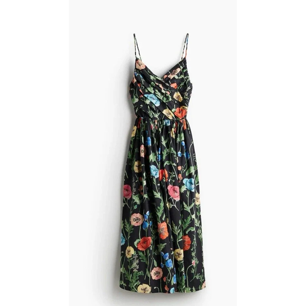 H&M Midi Dress Black Floral Women Cotton Preppy Boho Vacation Retro Large